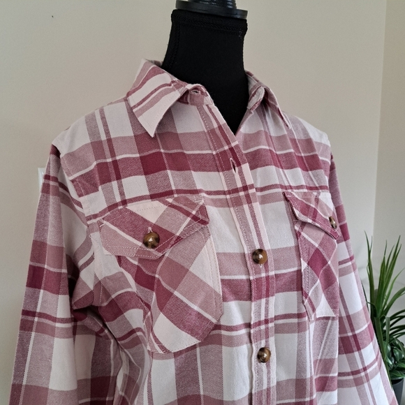 Frank & Oak Plaid Shirt Women's Small Flannel Button Up Top Pink Off White NWT - Picture 5 of 12